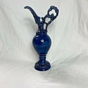 Small Rococo Baroque Blue Ceramic Ewer Pitcher 12 inches
